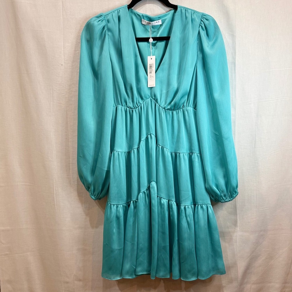 Trina Turk Make Merry Dress Turquoise Blue Boho Chic Tiered V-Neck Mini XS NEW